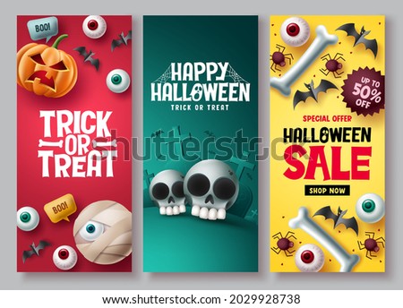 Halloween sale vector poster set. Halloween discount price offer with cute and scary emoji character elements for shopping promotion ads. Vector illustration. Royalty-Free Stock Photo #2029928738