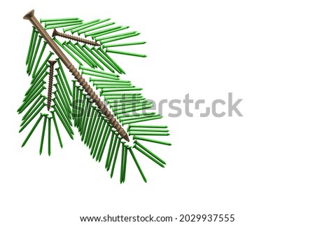 A spruce twig folded from green construction nails isolated on white background. construction christmas concept.