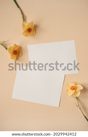 Blank paper sheet card with mockup copy space and narcissus flowers on neutral dusty ginger background. Minimal aesthetic business brand template. Flat lay, top view