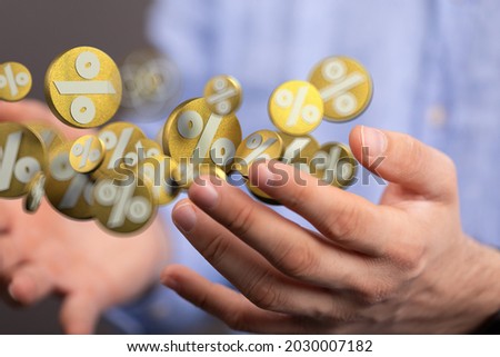 A male's hand a 3D rendering illustration of percent sign symbol