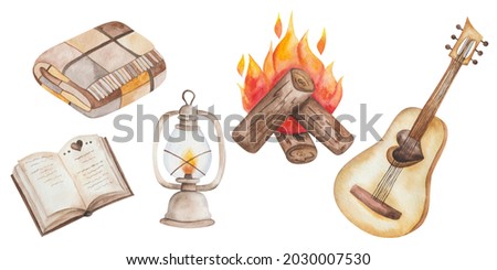 Watercolor illustration hand drawn betty oil lantern, book, guitar, fire on logs, checked plaid blanket isolated on white. Clip art element for camping picnic, cozy autumn postcards, posters, wrapping