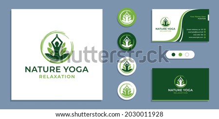 Yoga people with leaf, nature yoga meditation logo and business card design template