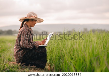Women holding laptop and checking rice field in organic farm of agriculture, happy Asian farmer smile and use technoloy for development plantation of rice in farmland of rural or countryside on sunny Royalty-Free Stock Photo #2030013884