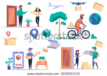 Delivery service isolated elements set. Bundle of couriers deliver parcels or pizza to customers door, flying drone, trekking mobile app. Creator kit for vector illustration in flat cartoon design