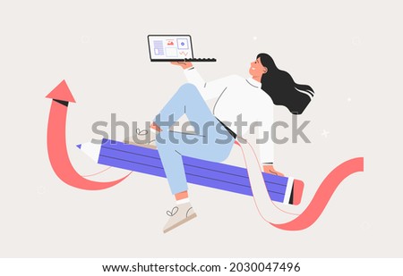 Business woman flies on a pencil and holds a laptop. Concept education, design for bloggers, journalists, interviewer, copywriters. Flat style vector illustration. Royalty-Free Stock Photo #2030047496