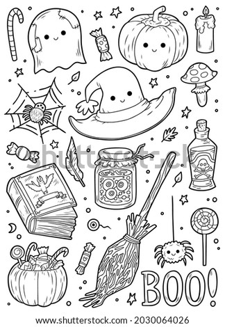 Vector set of Halloween objects. Cartoon black and white collection for children