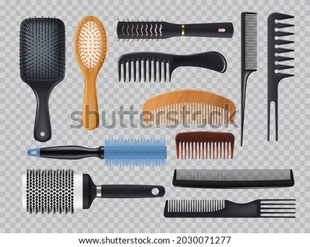 Hairbrush and combs realistic vector fashion equipment for hair care set isolated on transparent background. Different types of 3d combs, professional hairdresser accessories for beauty and styling Royalty-Free Stock Photo #2030071277