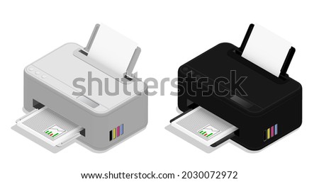Isometric inkjet printer. Printing documents in office using copiers. Realistic 3D vector isolated on white background Royalty-Free Stock Photo #2030072972