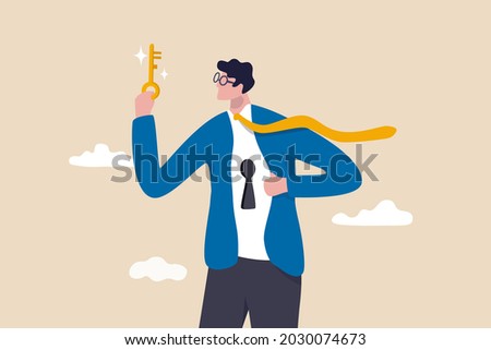 Unlock true potential, your ideal self to success in career or business, secret mind or skill to solve problem concept, confidence businessman holding golden key about to unlock keyhole on his shirt. Royalty-Free Stock Photo #2030074673