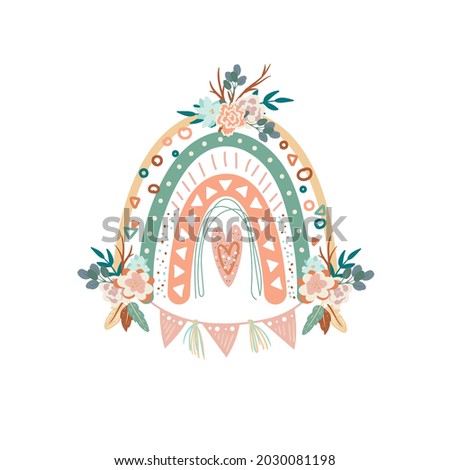 Cute vector rainbow illustration in boho style. Floral boho chic rainbow with flowers, feathers and garland. Scandinavian pink bohemian rainbow. Perfect for poster, card, invitation.