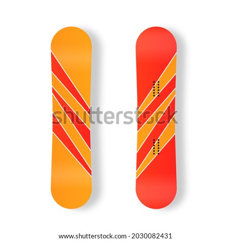 Set of different snowboard are ready for your design isolated on white background. Snowboarding board flat icon. Elements for ski resort picture, mountain activities. Vector illustration.  Royalty-Free Stock Photo #2030082431