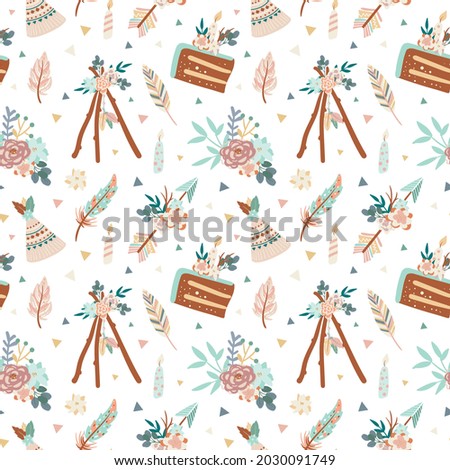 Vector cartoon illustration in trendy boho style. Seamless pattern with birthday cake, arrows, wigwams, flowers compositions and feathers. Birthday scandinavian pattern. Hand drawn Boho elements.