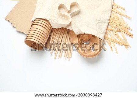 Eco friendly products on white background, flat lay