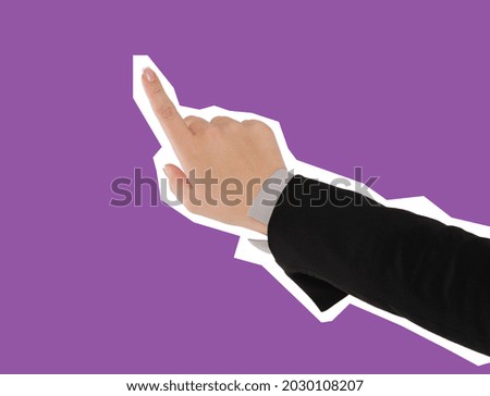Female hand of business woman pointing at copyspace, isolated magazine style