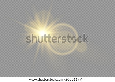 Yellow glowing light explodes on a transparent background. Bright Star. The star burst with brilliance. Golden Light effect. A flash of sunshine with rays. Yellow sun rays. Vector illustration. Royalty-Free Stock Photo #2030117744