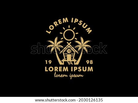 Simple house on the beach line art with lorem ipsum text design