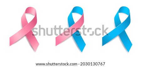Set of tree pink and blue ribbon awareness Nursing Mothers, Women’s Health, Male Breast Cancer, Men's health, Prostate cancer. Isolated on white background. Vector  illustration.