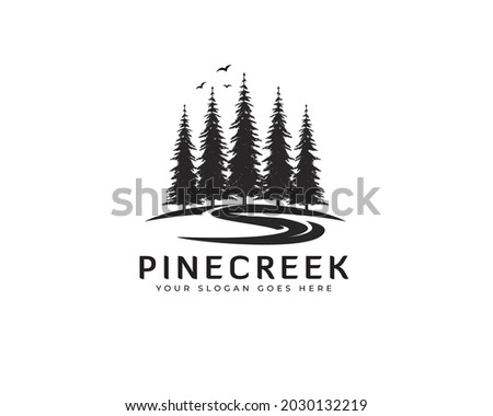 evergreen pine tree logo vintage with river creek birds illustration