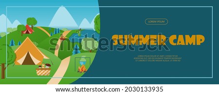 Camping adventure time vector illustration Banner with flat equipment for hiking Cartoon flayer