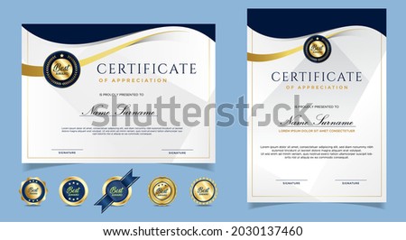 Certificate of appreciation template, gold and blue color. Clean modern certificate with gold badge. Certificate border template with luxury and modern line pattern. Diploma vector template. Royalty-Free Stock Photo #2030137460