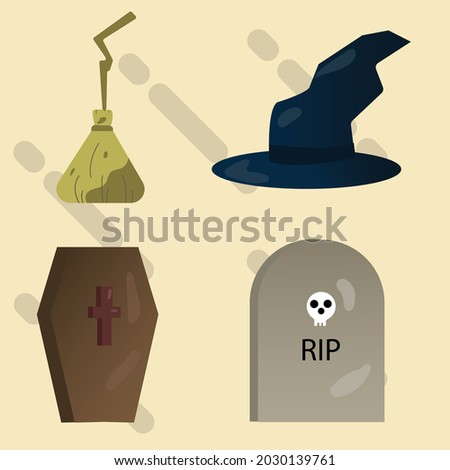 Set of vector flat design Halloween icons. witch broom, witch hat, coffin, gravestone.