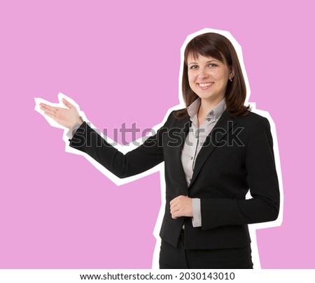 Business woman pointing at copyspace. Magazine style isolated