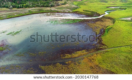 Aerial View Of Summer Curved River Landscape In Sunny Summer Day. Top View. Nature background.