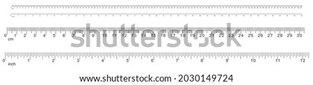 Ruler. Metric and inch scales from 1 to 100 centimeters and from 1 to 40 inches for length measurements. Vector illustration. Correct scale is 1: 1. Ruler for comparing sizes of objects in the photo. Royalty-Free Stock Photo #2030149724