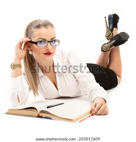 Young girl with book. Women in glasses. 