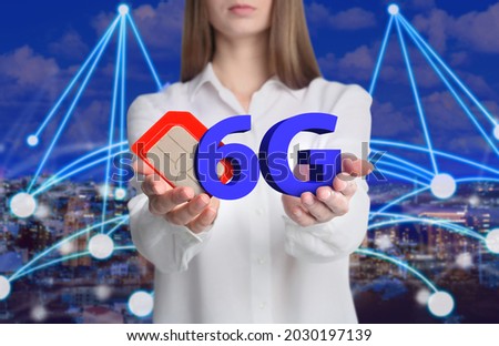 Woman demonstrating 6G SIM card model and cityscape with connection lines on background, closeup