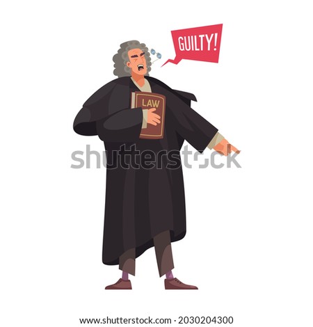 Law justice composition with character of judge holding book pronouncing guilty vector illustration