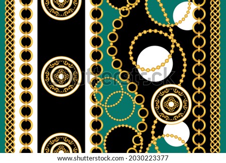 Seamless Gold Chains with Baroque Pattern. Vector Illustration.
