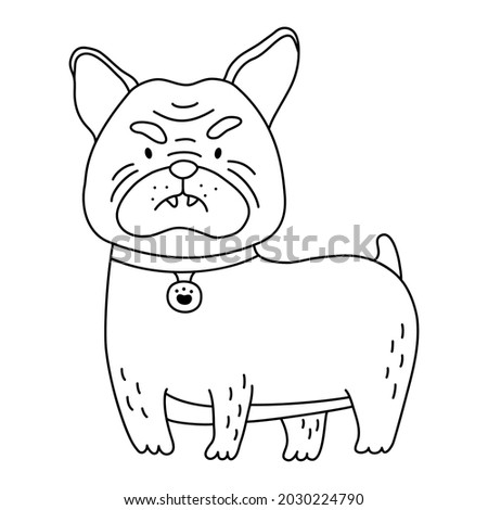 Cute little sitting and smiling dog bulldog coloring page. Isolated vector illustration for coloring book, print, game, party, kids design.