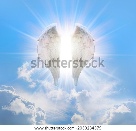 Guardian Angel Blue Sky - beautiful angelic wings with bright white light between floating in a pink blue ethereal sky background with copy space
