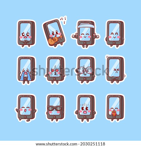 Cute and Kawaii Smartphone Character Sticker Illustration Set With Various Activity and Happy Expression for mascot badge