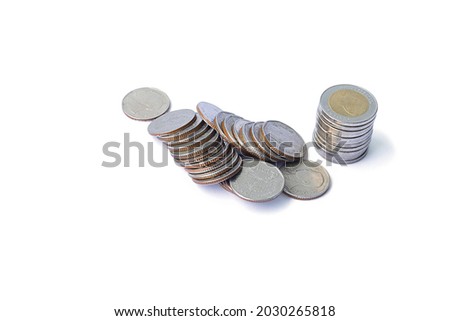 Pile of silver coin isolated on white background. Saving money concept - Clipping path