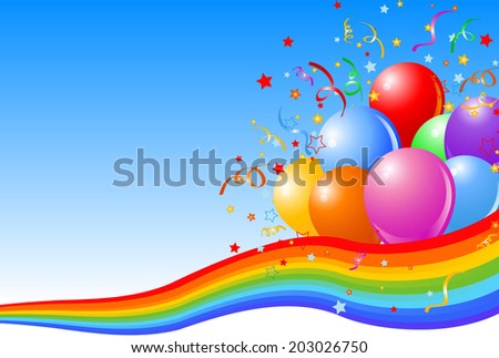 Party balloons background with rainbow ribbon 