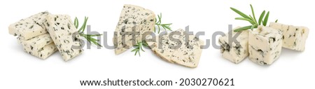 Blue cheese with rosemary isolated on white background with full depth of field. Set or collection Royalty-Free Stock Photo #2030270621