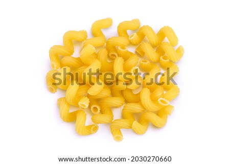 raw pasta cavatappi isolated on white background with full depth of field. Top view. Flat lay Royalty-Free Stock Photo #2030270660