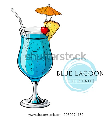 Blue lagoon cocktail, hand drawn alcohol drink with pineapple slice, cherry and umbrella. Vector illustration on white background