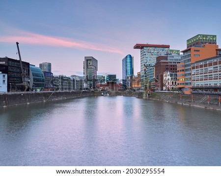 Düsseldorf, Germany -  Medienhafen at dawn. The urban landscape at the blue hour. Cityscape before sunrise.
