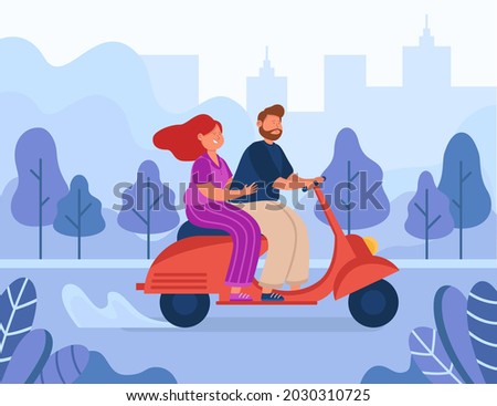 Happy cartoon couple riding motorbike. Flat vector illustration. Young man and woman characters travelling by moped in city park, enjoying summer holiday together. Vehicle, romance, trip concept