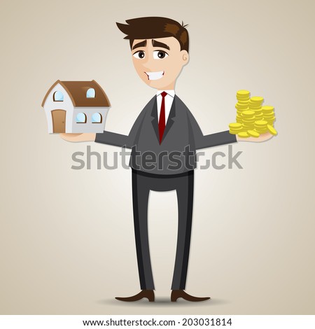 illustration of cartoon businessman holding house and gold coin in property concept