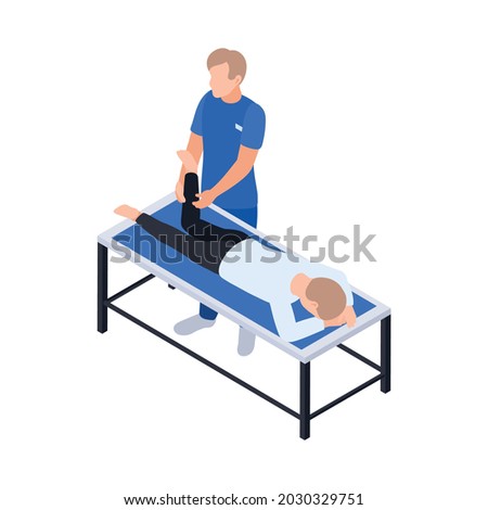 Physiotherapy rehabilitation isometric composition with patient lying on table and medical specialist performing massage vector illustration