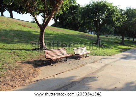 View of two benches and trees in a park. More benches in the background. A path for walking and running across the park. Asphalt lane. Winding trail. Walkway.