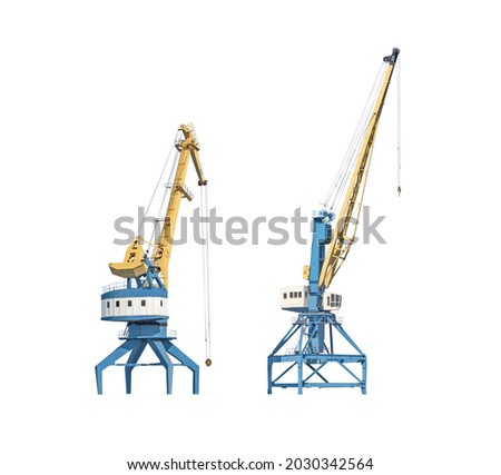 Set of industrial harbor cranes for sea port isolated on white background Royalty-Free Stock Photo #2030342564
