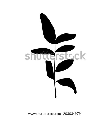 Tropical plant branch silhouette. Black shape of plant isolated on white. Vector hand drawn clip art 