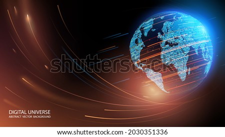 Blue abstract futuristic background. Vector. Satellites and rockets in orbit of planet Earth. Plasma clot of energy. Glowing rays with flickering particles. Wave effect. Science and technology. Royalty-Free Stock Photo #2030351336