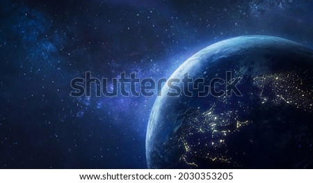 Earth planet in deep space. Outer dark space wallpaper. Night on planet with cities lights. Surface of Earth. Sphere. View from orbit. Elements of this image furnished by NASA