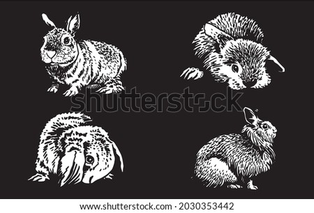 Graphical 3d set of bunnies on black background,vector engraved illustration,black and white collection